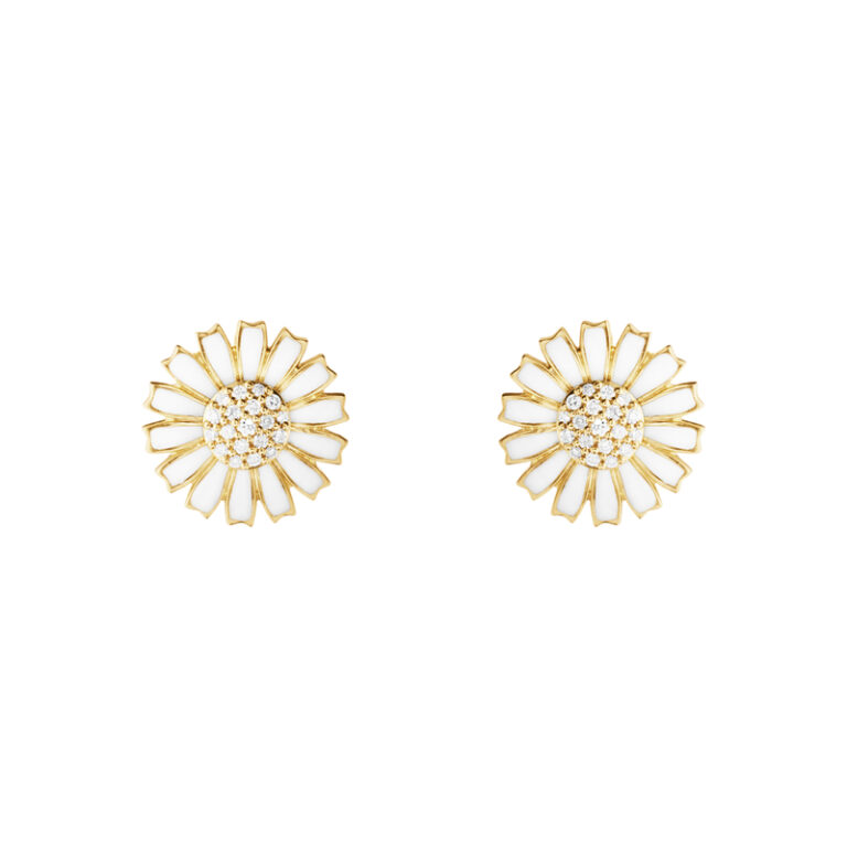Georg Jensen Daisy øreringe i forgyldt med hvid emalje og diamant - Ø11 mm