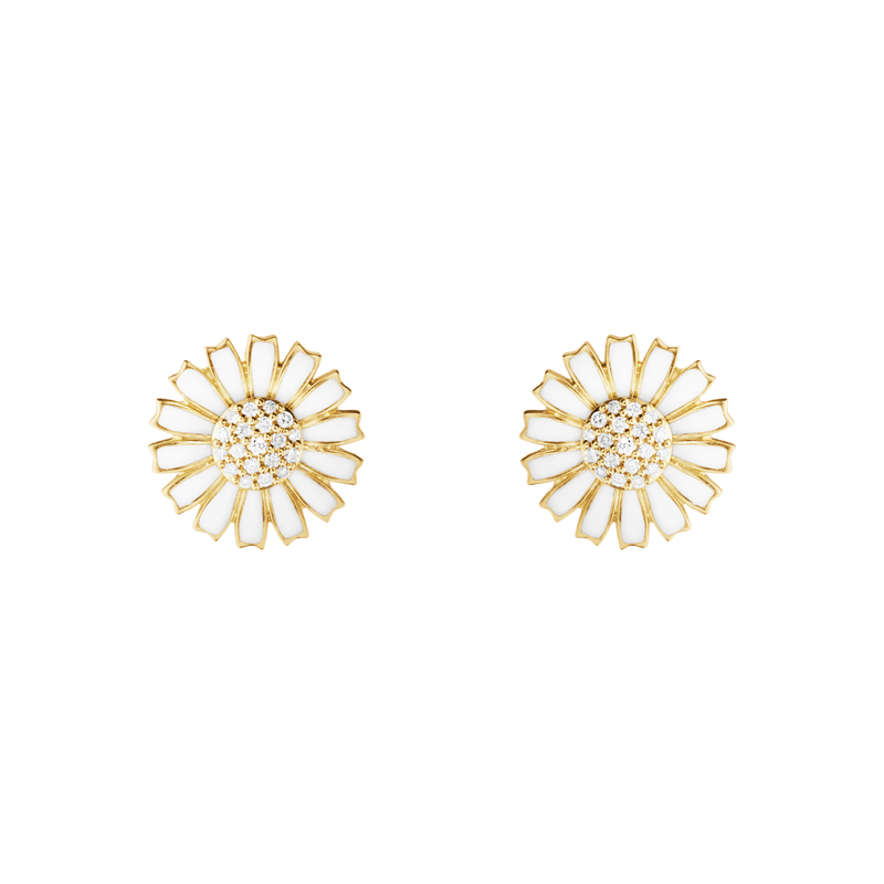 Georg Jensen Daisy øreringe i forgyldt med hvid emalje og diamant - Ø11 mm