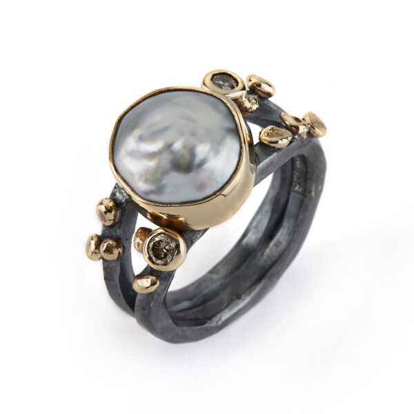 Gili Superior Sterling Sølv Ring fra Birdie med 14 Karat Guld Samt Keshiperle Og 0,20 Carat Diamanter