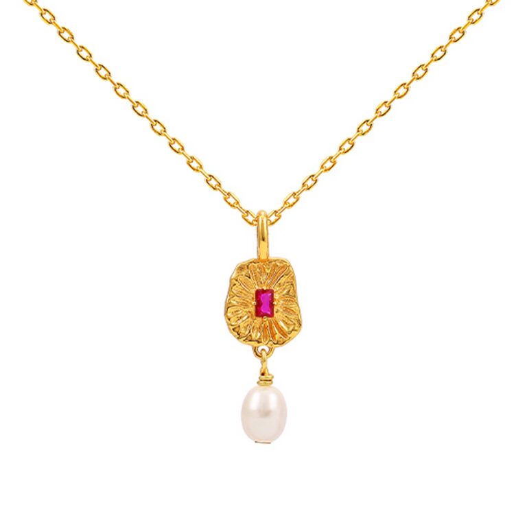 Hultquist Nola halskæde i forgyldt med perle og rød krystal