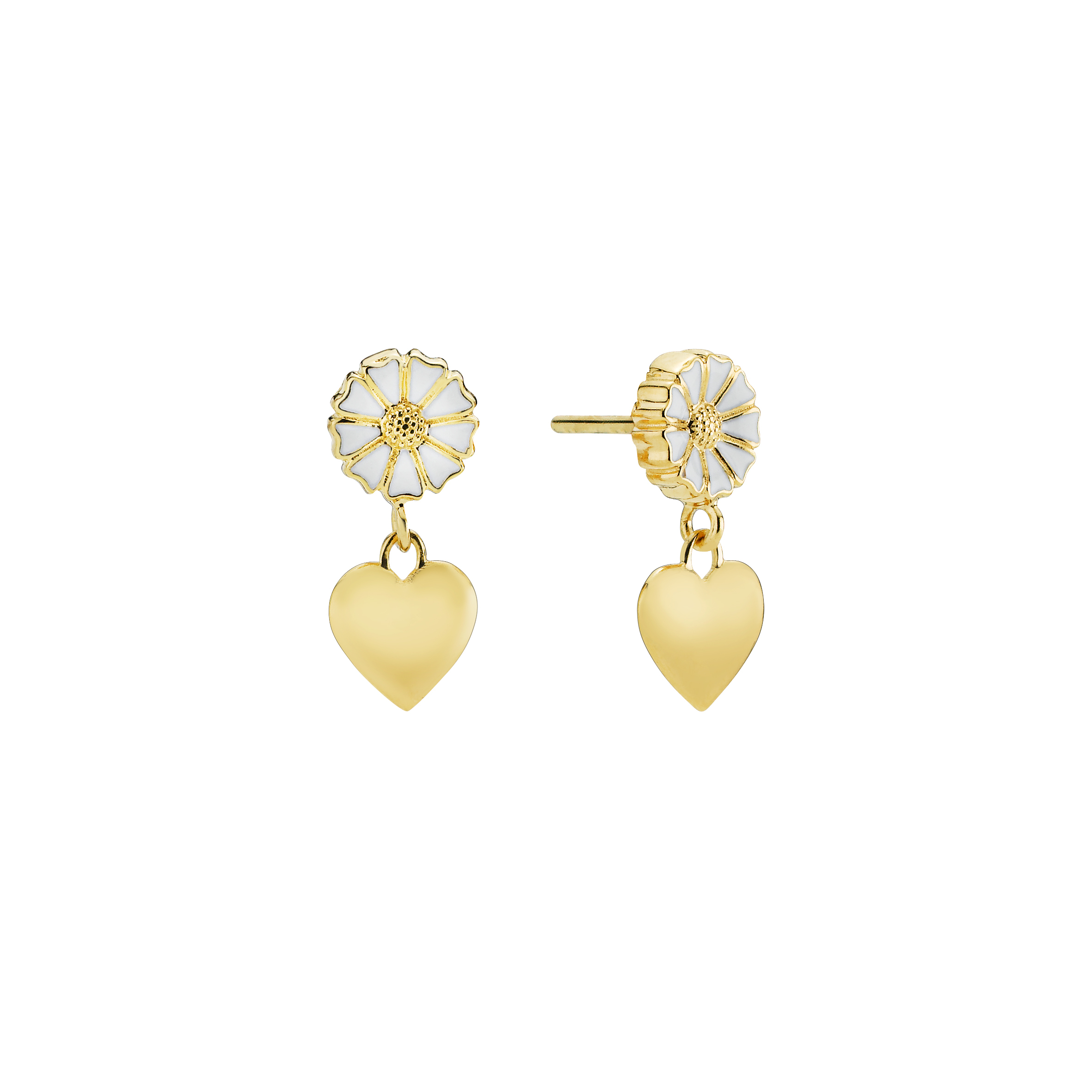 Lund Copenhagen Marguerit hjerte ørestikker, forgyldt med hvid emalje