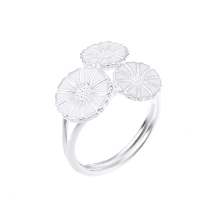Lund Copenhagen sølv med 3 blomster og hvid emalje marguerit ring
