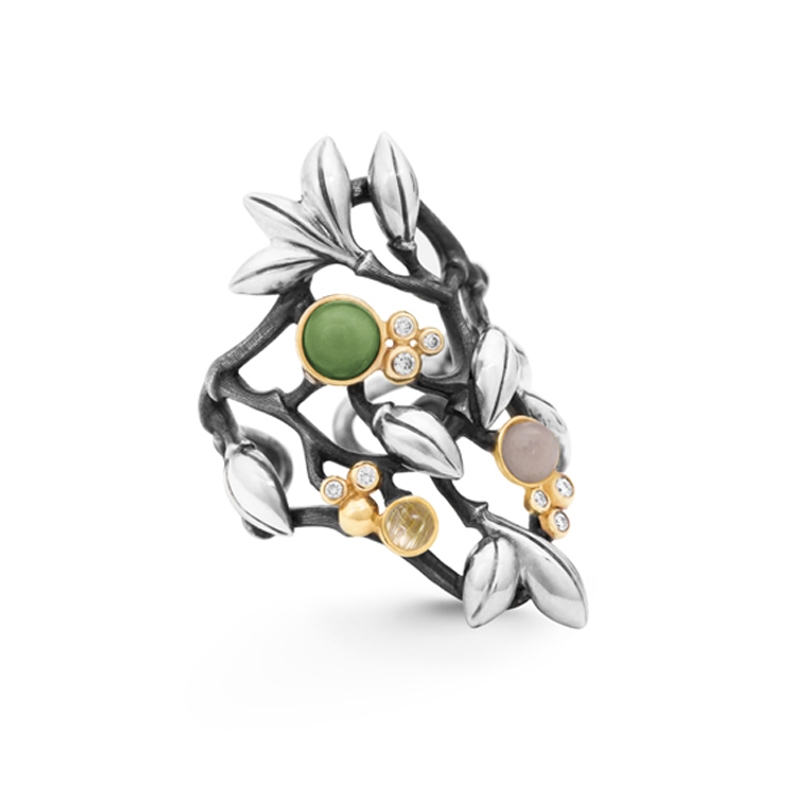 OLE LYNGGAARD COPENHAGEN Forest sølv ring med serpentin, grå månesten, rutilkvarts og 8 brillanter