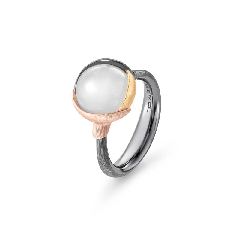 OLE LYNGGAARD COPENHAGEN Lotus 2, oxideret sølv / 18 kt. guld ring med hvid månesten