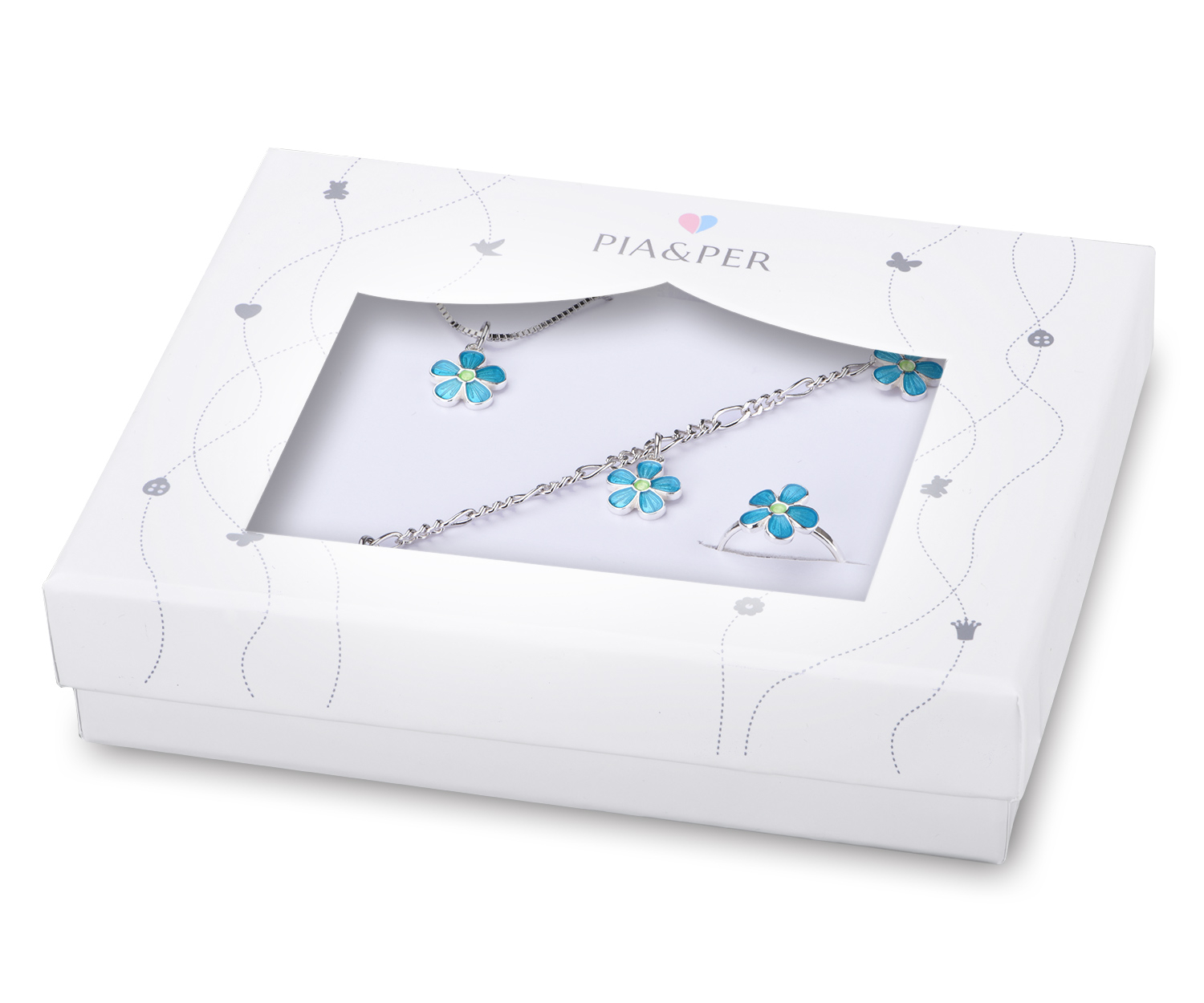 Pia & Per blomster gavesæt med børnesmykker i sølv, tukis