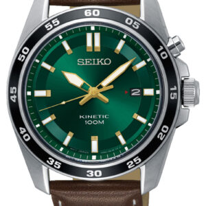 SEIKO Kinetic armbåndsur med grøn urskive og brun læderrem