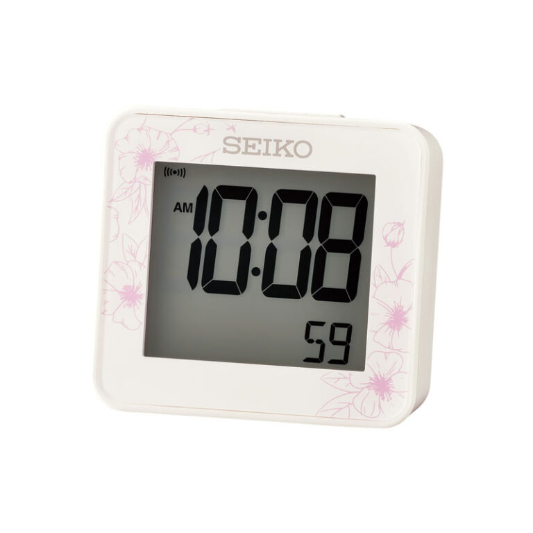 SEIKO digitalt vækkeur med bip-alarm, hvid med lyserøde blomster
