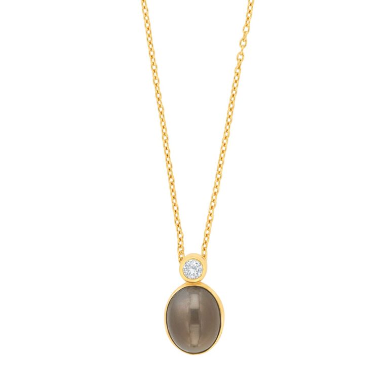 Siersbøl halskæde med vedhæng i 8 kt guld med kubisk zirkon og grå månesten
