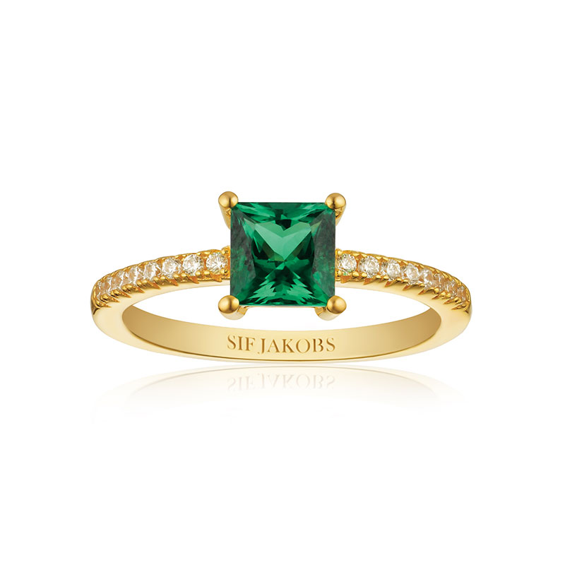 Sif Jakobs Ellera Quadrato forgyldt ring med grøn cubic zirkonia