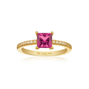 Sif Jakobs Ellera Quadrato forgyldt ring med pink cubic zirkonia