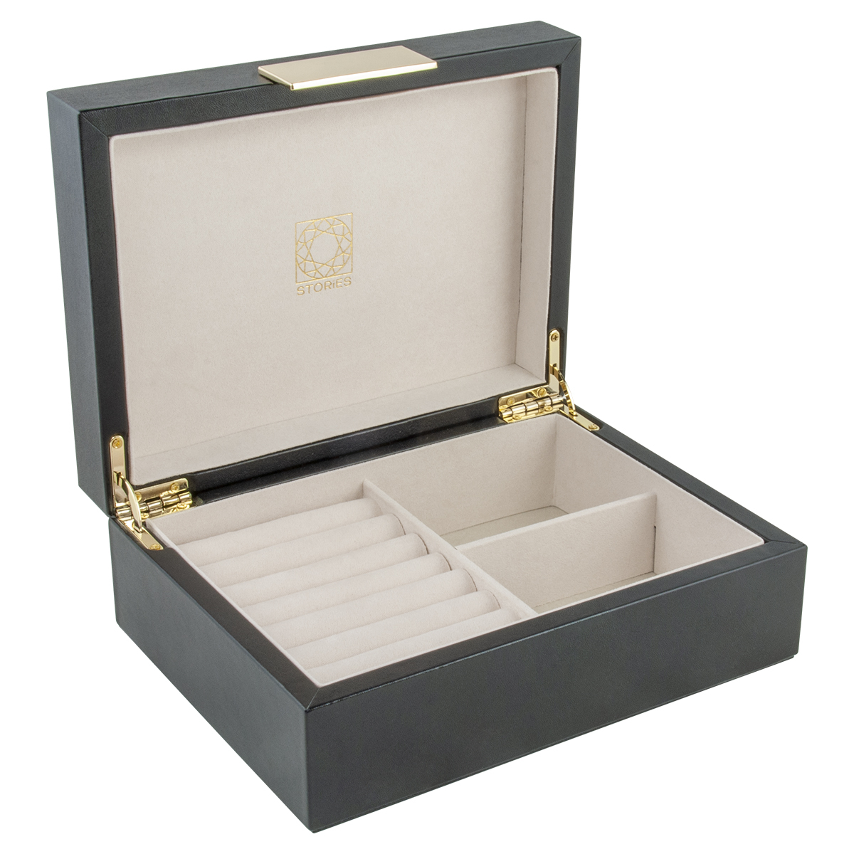 Smykkeskrin i sort kunstlæder og guld magnetlås